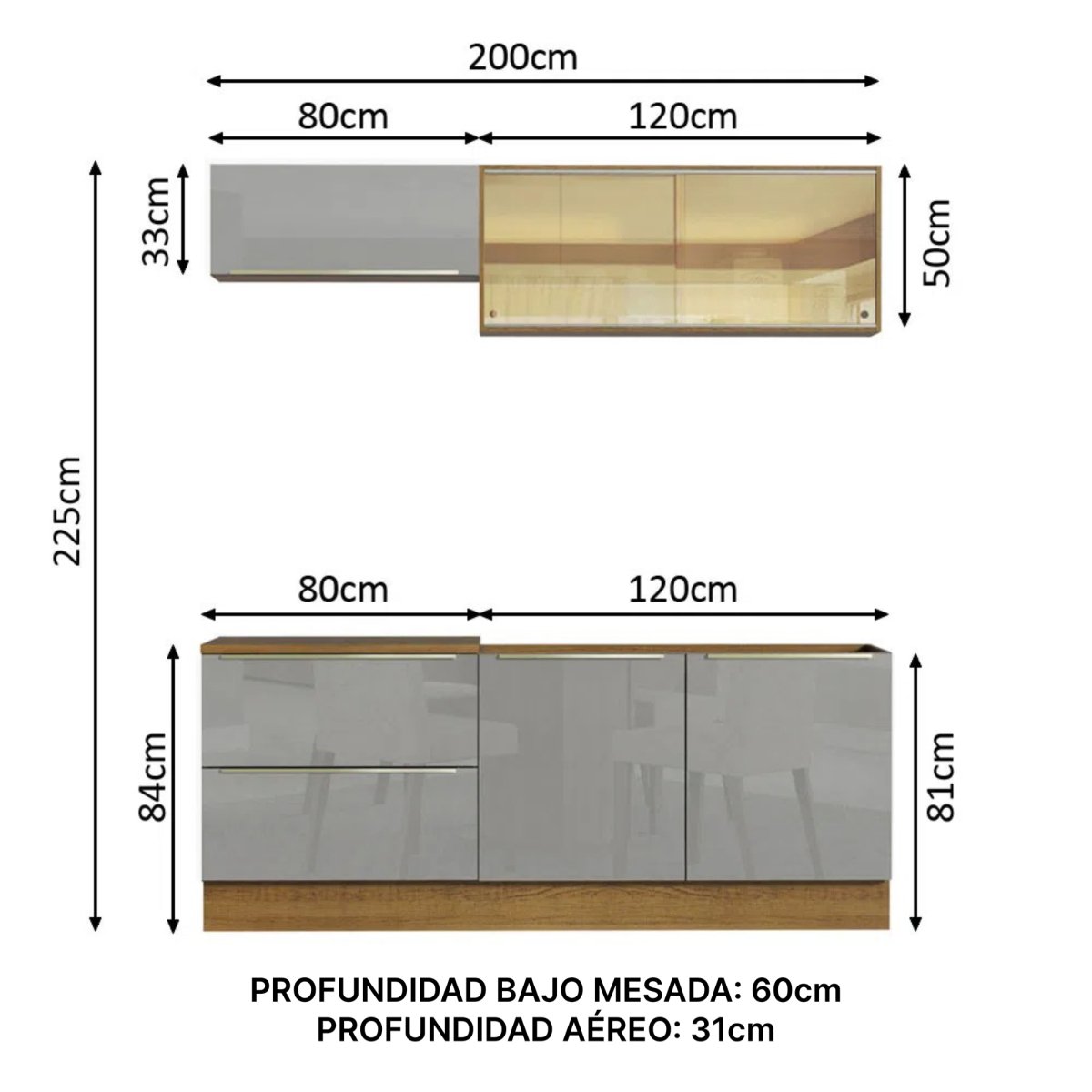 Cocina Completa Modulada Lux 200cm Rustic/Gris - Balton Hogar - GRLX2000019N