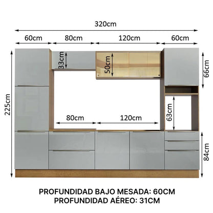 Cocina Completa Modulada Lux 320cm Rustic/Gris - Balton Hogar - GRLX3200019N