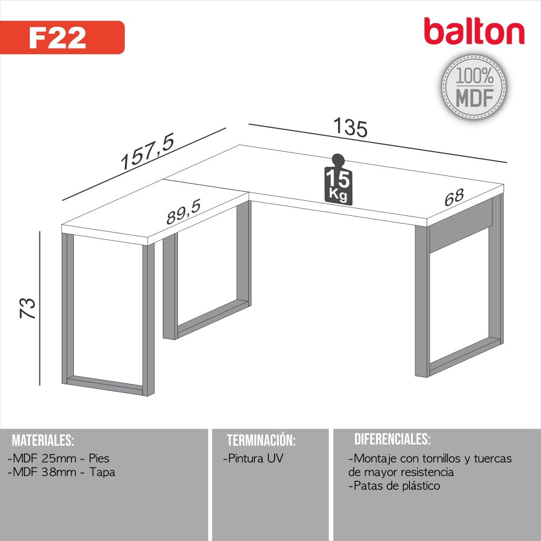 Escritorio en L Estilo Industrial 100% Mdf - Balton - F22JPF - F22JPF