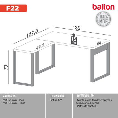 Escritorio en L Estilo Industrial 100% Mdf - Balton - F22JPF - F22JPF