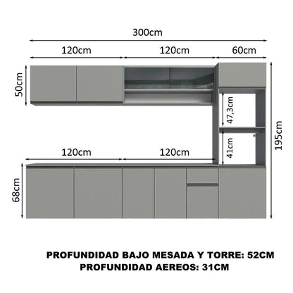 Juego de Cocina Completa Nice Suspensa 300cm Gris - Balton Hogar - GRNC3000043B