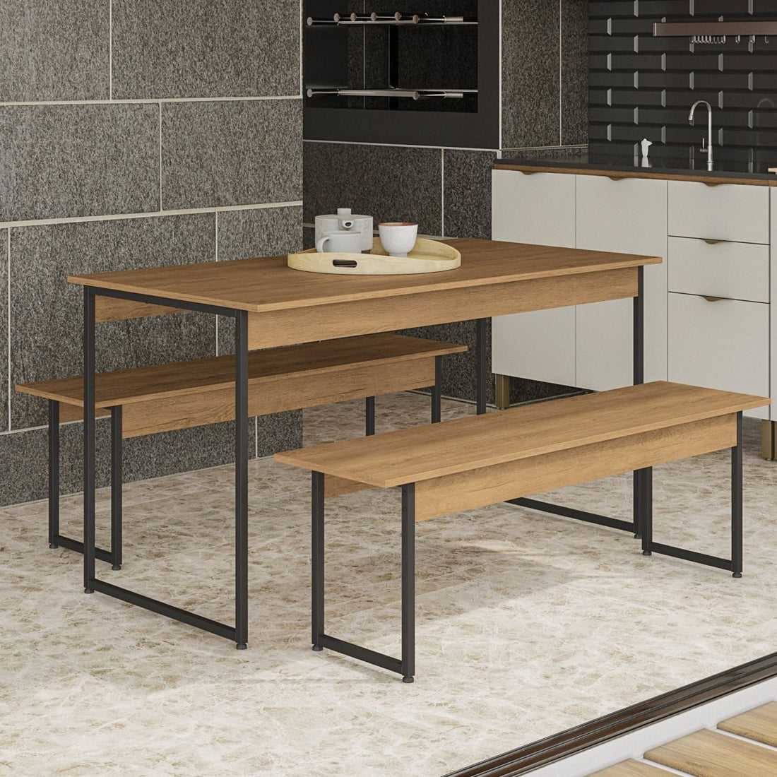 MESA CON 2 BANCOS LINEA INDUSTRIAL HIERRO - BALTON HOGAR - LI013-FRPRF