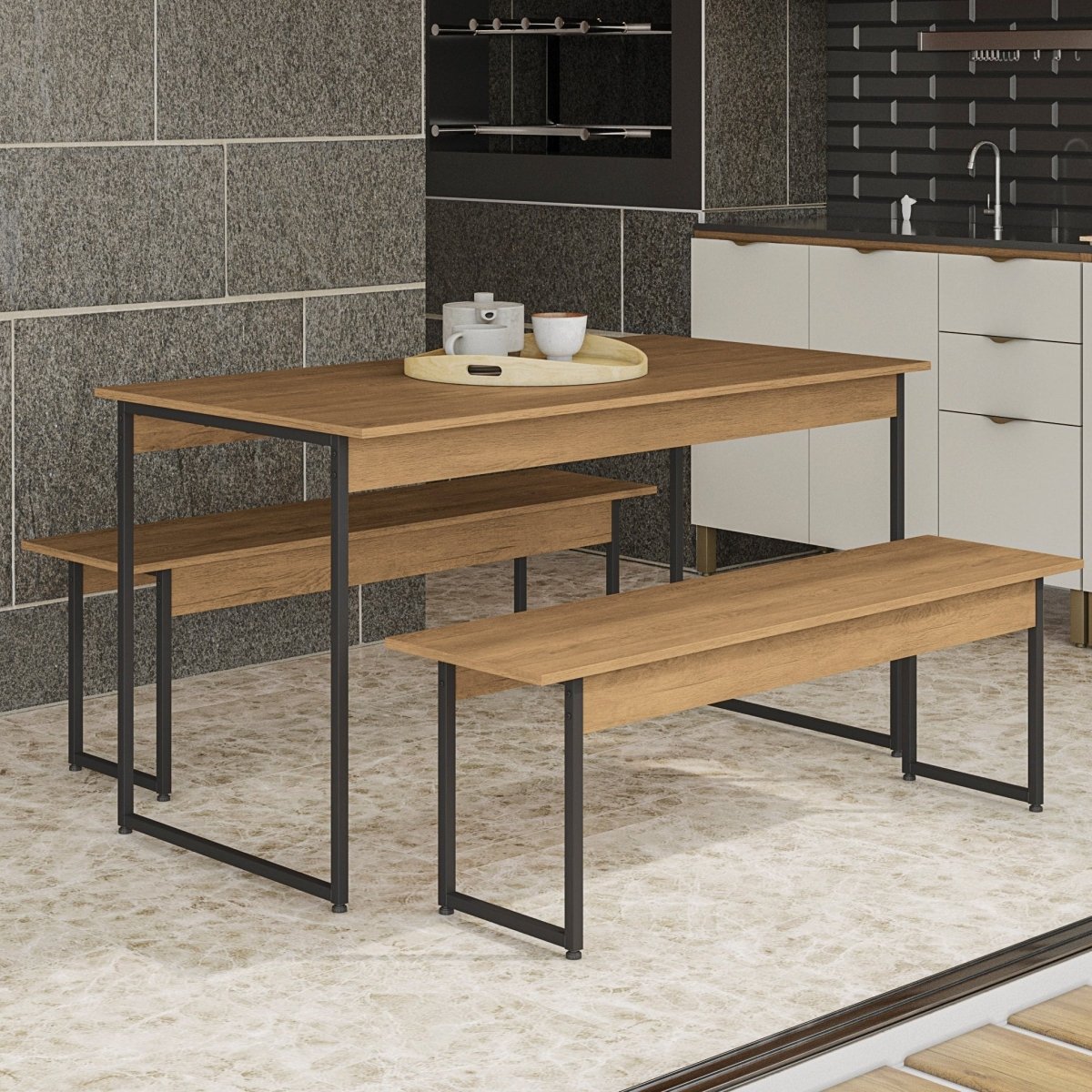 MESA CON 2 BANCOS LINEA INDUSTRIAL HIERRO - BALTON HOGAR - LI013-FRPRF