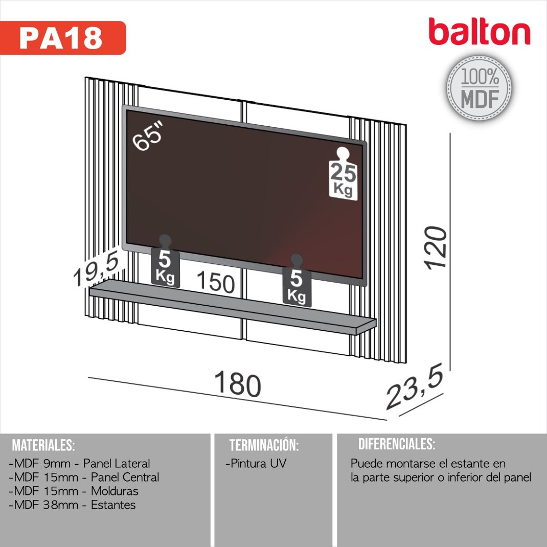 Rack Panel para TV 180cm hasta 65" 100% Mdf - Balton - PA18WJ - PA18WJ