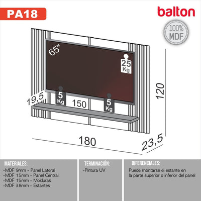 Rack Panel para TV 180cm hasta 65" 100% Mdf - Balton - PA18WJ - PA18WJ