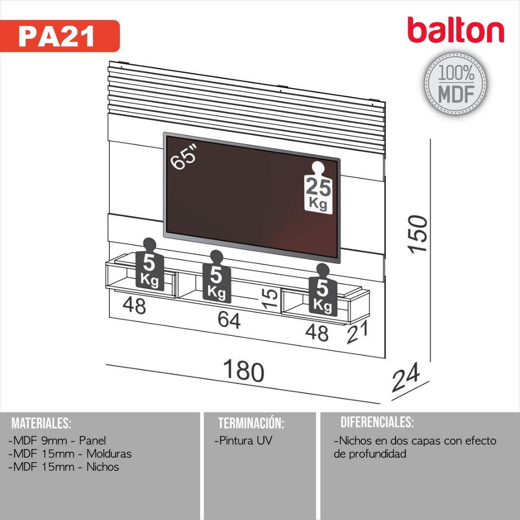 Rack Panel para TV 180cm hasta 65" 100% Mdf - Balton - PA21WJ - PA21WJ