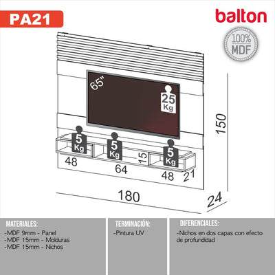 Rack Panel para TV 180cm hasta 65" 100% Mdf - Balton - PA21WJ - PA21WJ