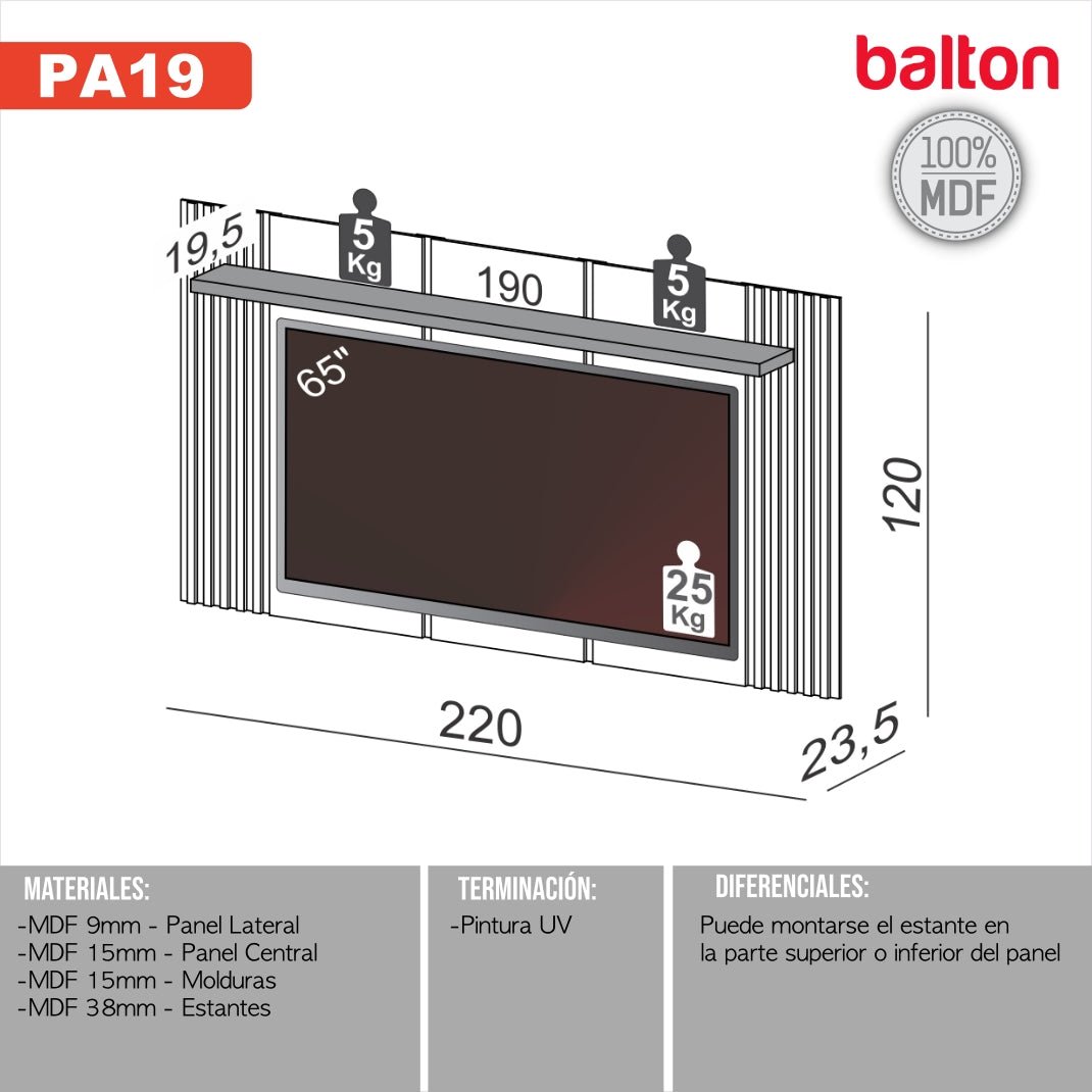 Rack Panel para TV 220cm hasta 65" 100% Mdf - Balton - PA19WJ - PA19WJ