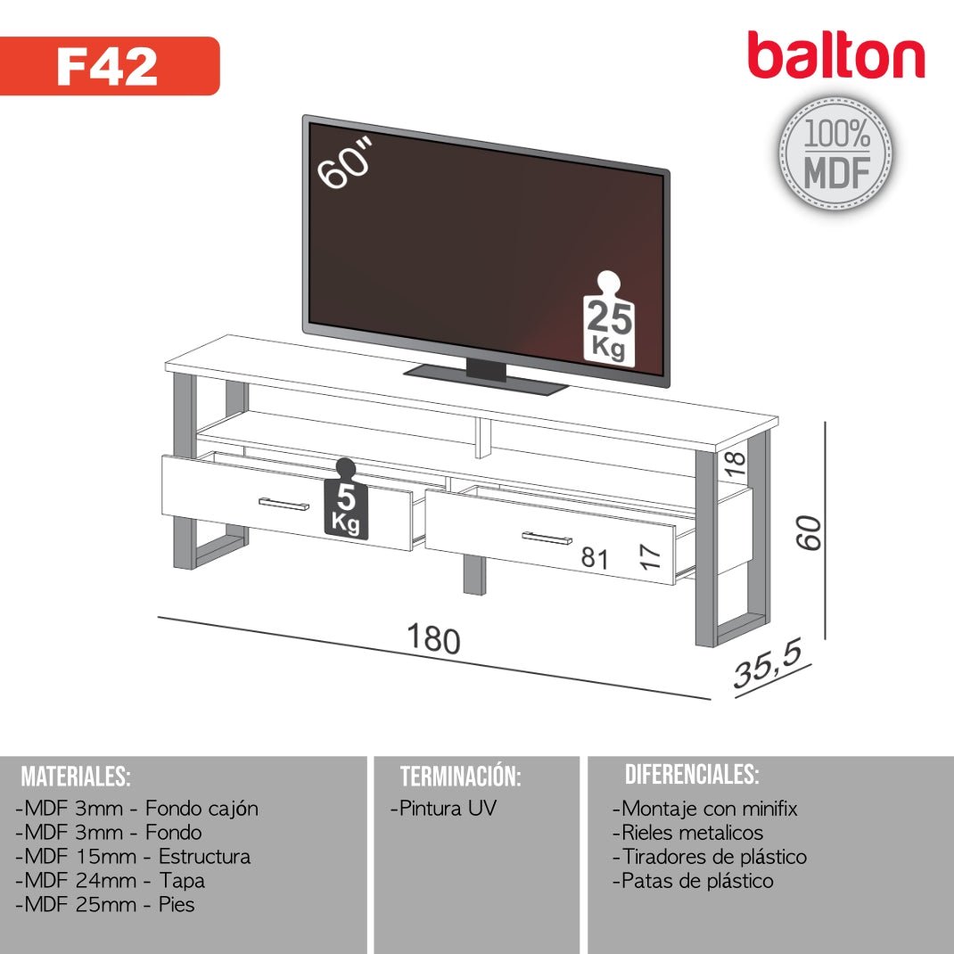 Rack para TV Hasta 60" Industrial 2 Cajones 100% Mdf - Balton - F42JPF - F42JPF