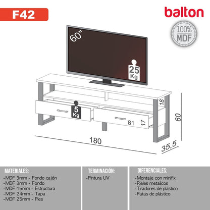 Rack para TV Hasta 60&quot; Industrial 2 Cajones 100% Mdf - Balton - F42JPF - F42JPF