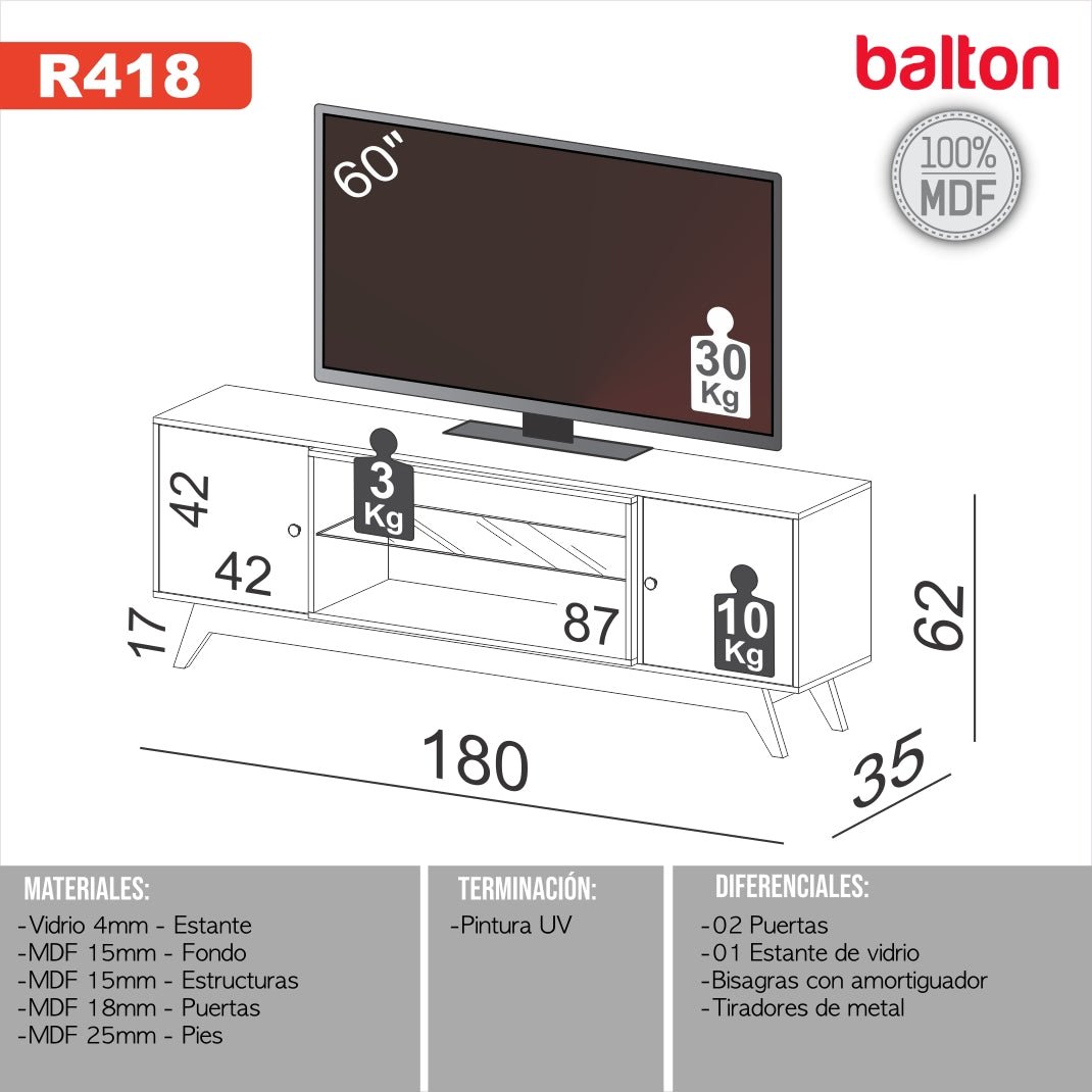 Rack TV Mueble 180cm Mdf Blanco BALTON - R418WJ - R418WJ