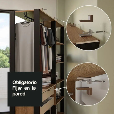 Ropero Abierto Valencia Mueble de guardado 2 Cajones 129cm Rústico/Negro - MDDR0200407K