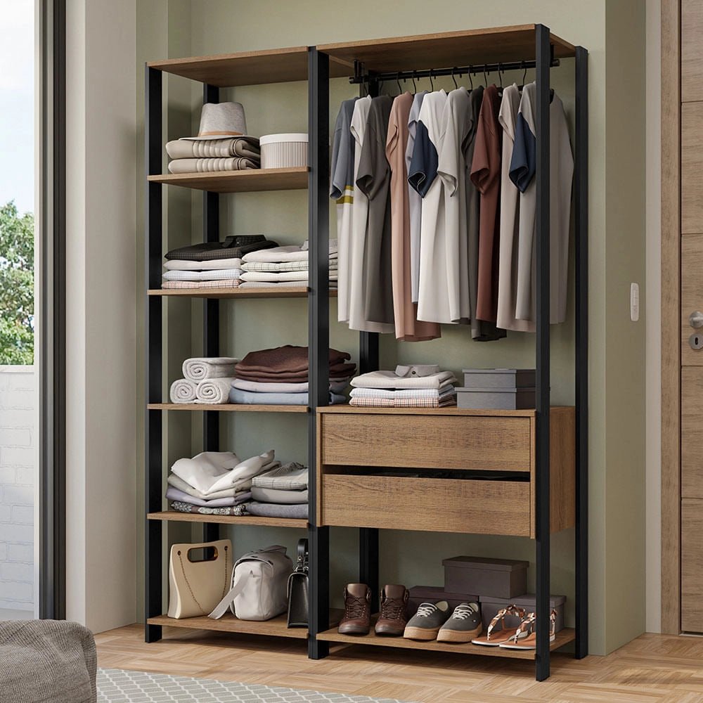 Ropero Abierto Valencia Mueble de guardado 2 Cajones 129cm Rústico/Negro - MDDR0200407K