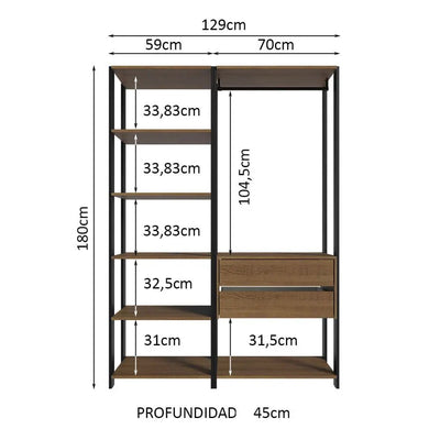Ropero Abierto Valencia Mueble de guardado 2 Cajones 129cm Rústico/Negro - MDDR0200407K