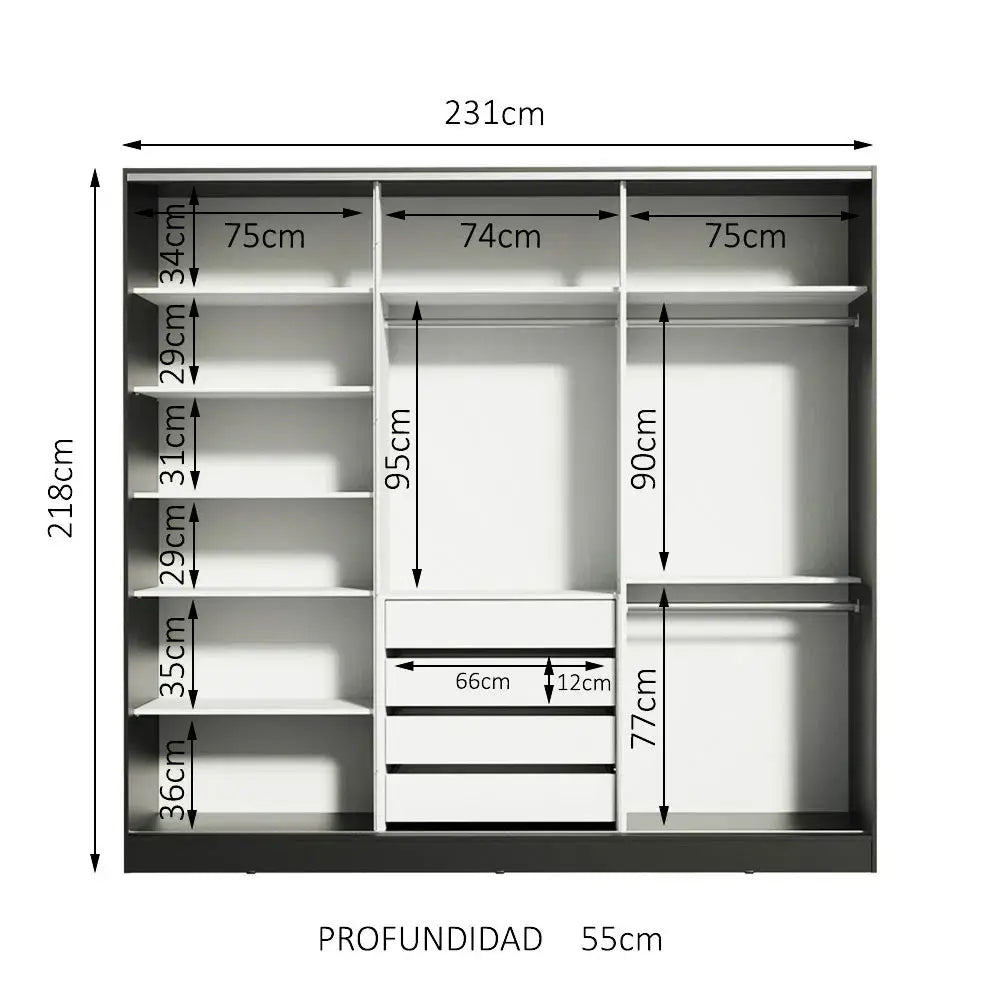 Ropero Matrimonial 100% MDF Zurique 231cm Puertas Corredizas - XC1063D8